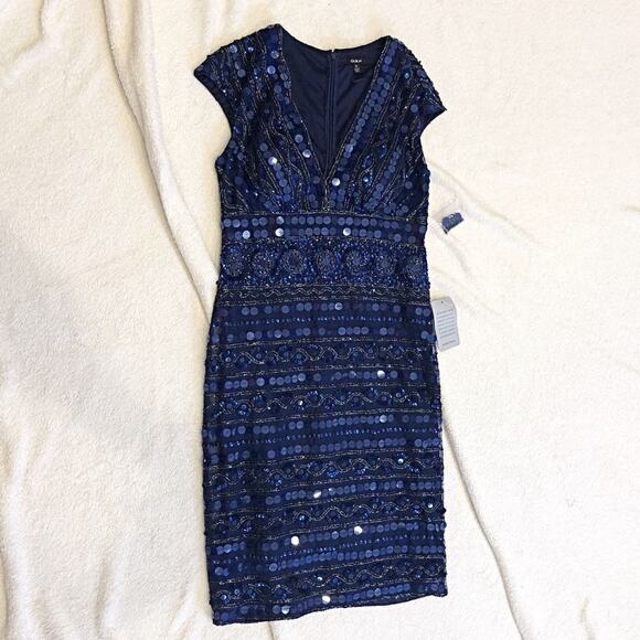 Giulia Embellished Cap Sleeve V-Neck Blue Midi Dress | Sz 6 - Picture 7 of 7